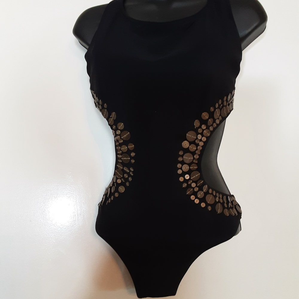 Profile By Gottex Black and Gold One Piece Swimsuit with Side Cutouts